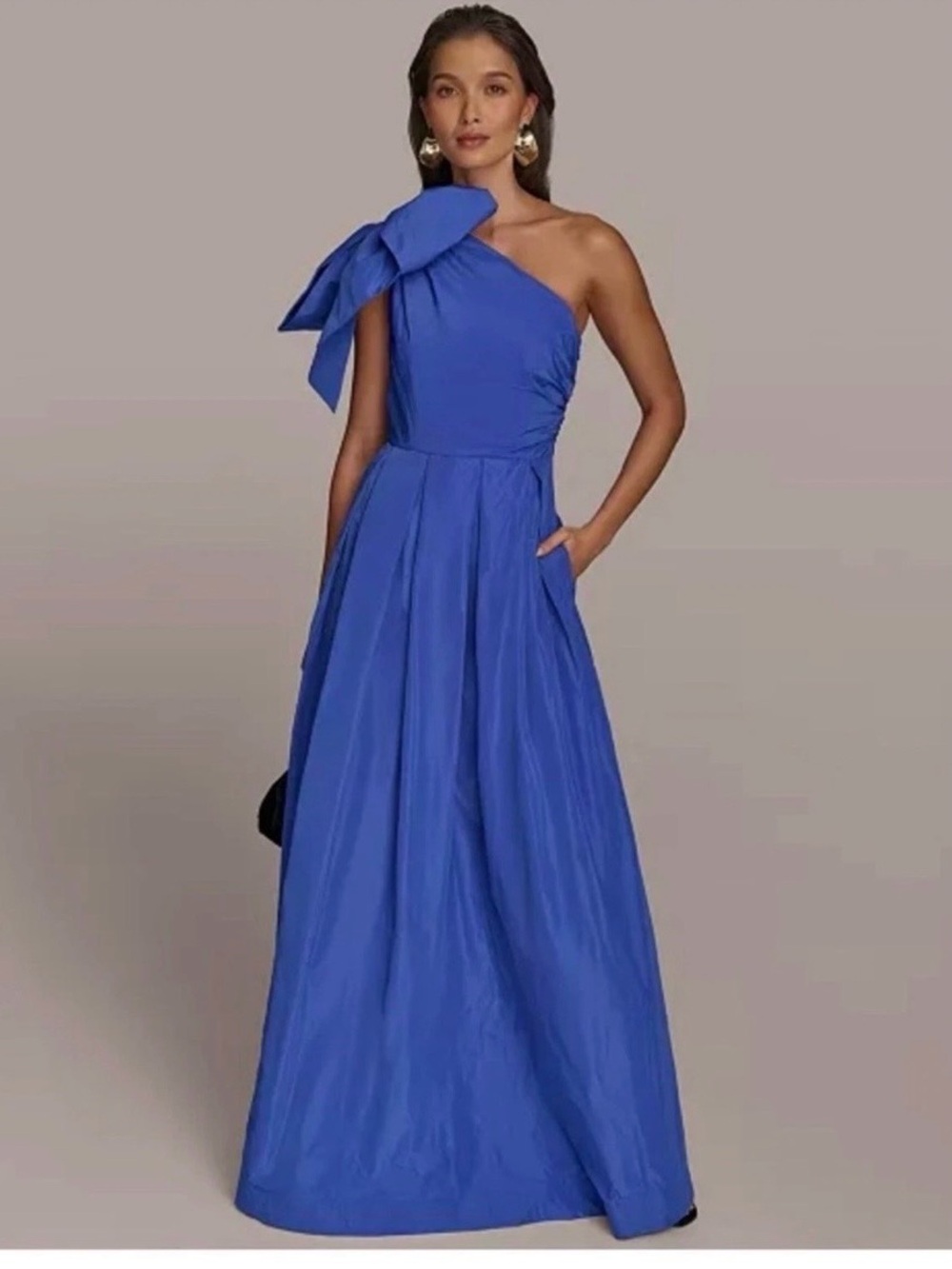 Donna Karan NWT Royal Blue Bow-Trim One-Shoulder Gown 12 Gala Party Wedding